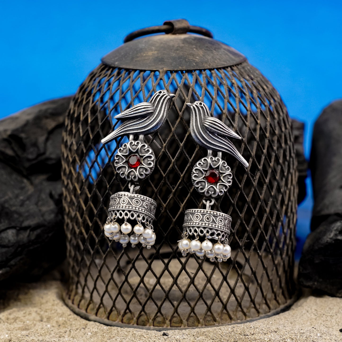 Chakori- Silver Brass Oxidised Jhumka Earrings(Red)