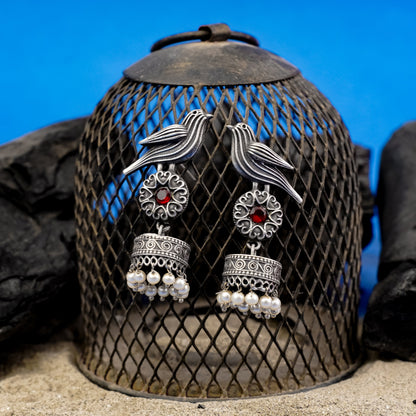 Chakori- Silver Brass Oxidised Jhumka Earrings(Red)