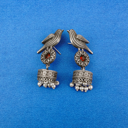 Chakori- Silver Brass Oxidised Jhumka Earrings(Red)