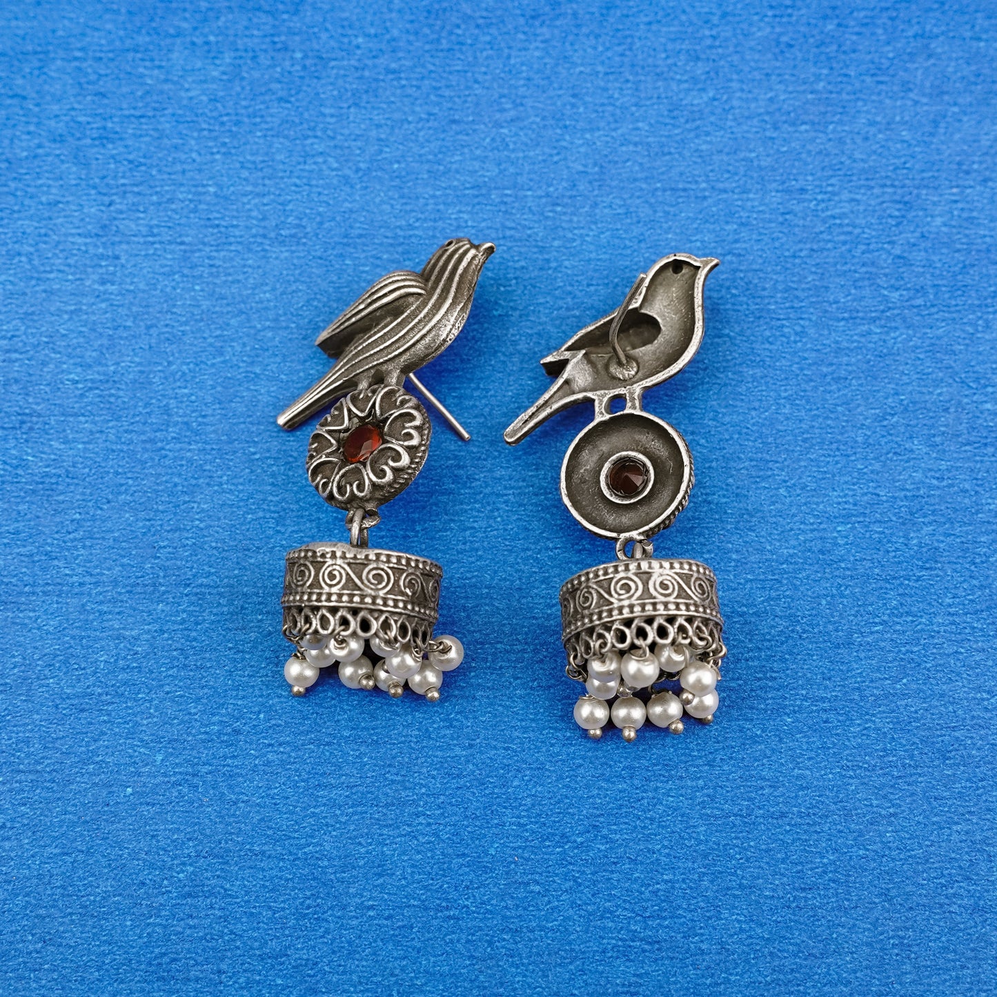 Chakori- Silver Brass Oxidised Jhumka Earrings(Red)