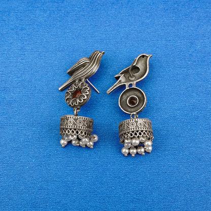 Chakori- Silver Brass Oxidised Jhumka Earrings(Red)