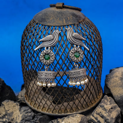 Chakori- Silver Brass Oxidised Jhumka Earrings( Green)