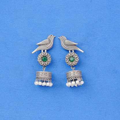 Chakori- Silver Brass Oxidised Jhumka Earrings( Green)