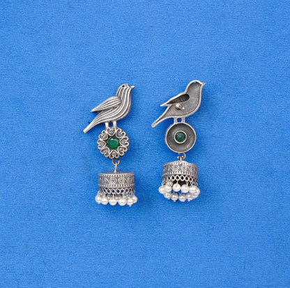 Chakori- Silver Brass Oxidised Jhumka Earrings( Green)