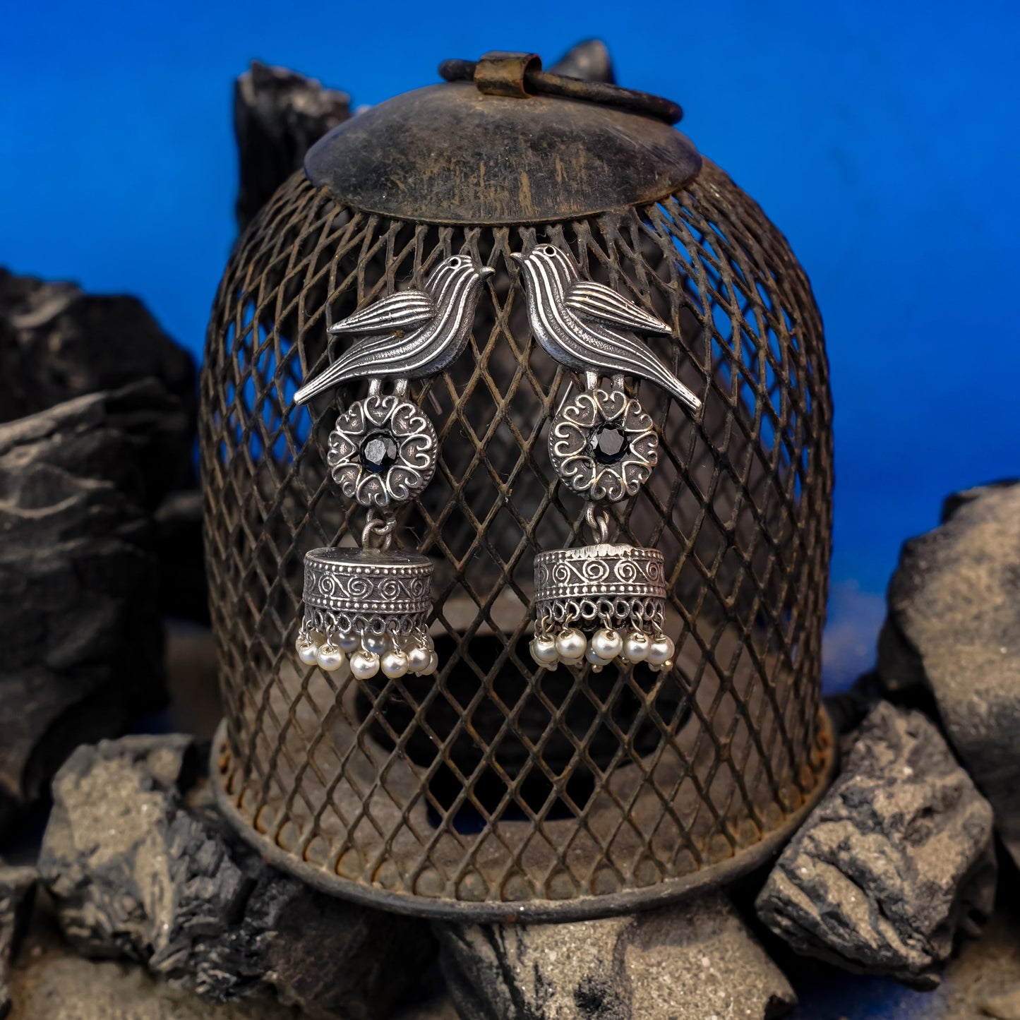 Chakori- Silver Brass Oxidised Jhumka Earrings(Black)