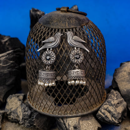 Chakori- Silver Brass Oxidised Jhumka Earrings(Black)