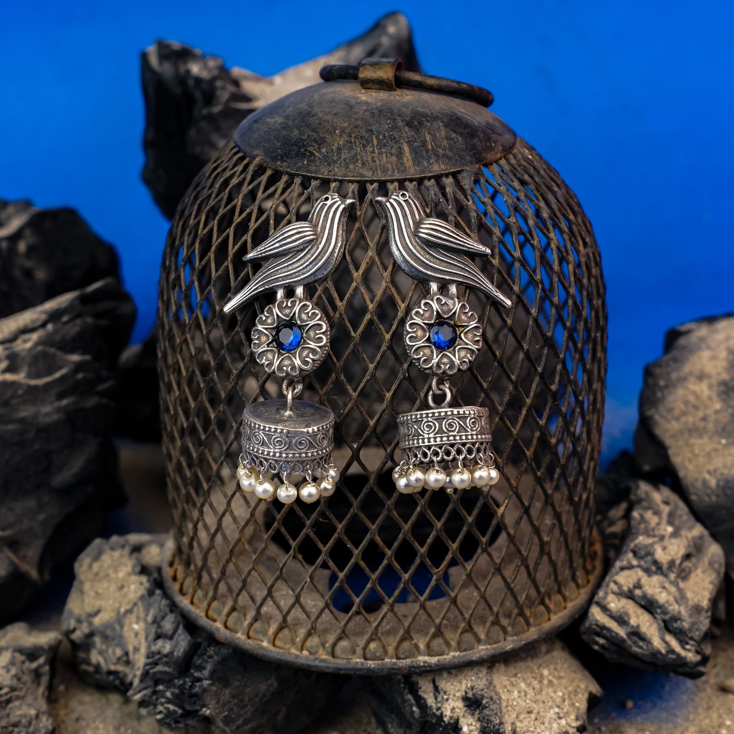 Chakori- Silver Brass Oxidised Jhumka Earrings( Blue)