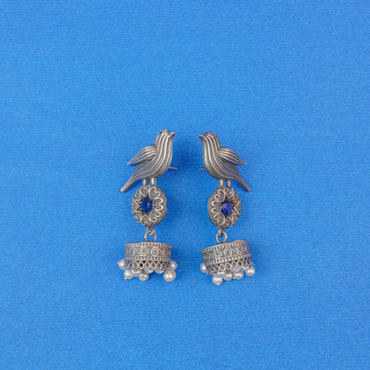 Chakori- Silver Brass Oxidised Jhumka Earrings( Blue)
