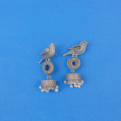 Chakori- Silver Brass Oxidised Jhumka Earrings( Blue)