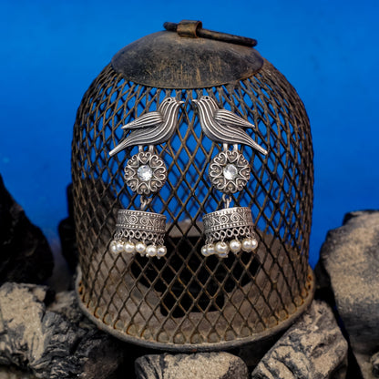 Chakori- Silver Brass Oxidised Jhumka Earrings(White)