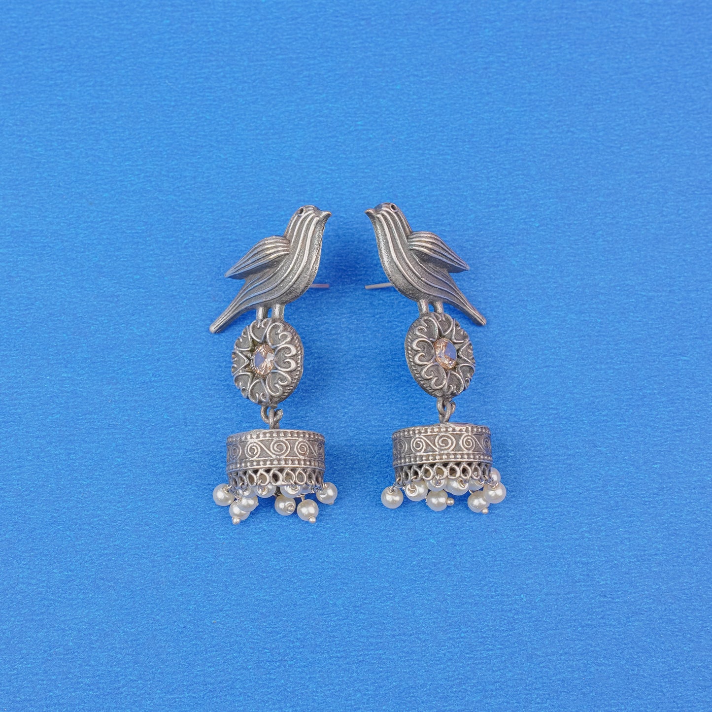 Chakori- Silver Brass Oxidised Jhumka Earrings(White)