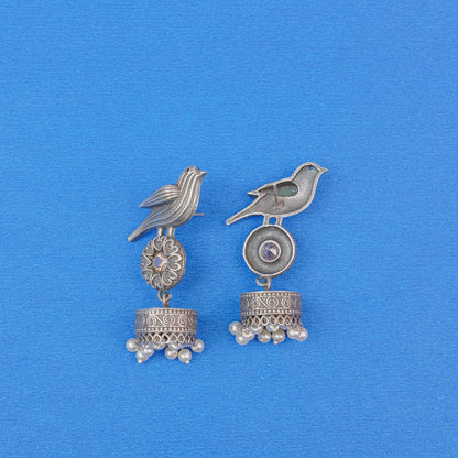 Chakori- Silver Brass Oxidised Jhumka Earrings(White)