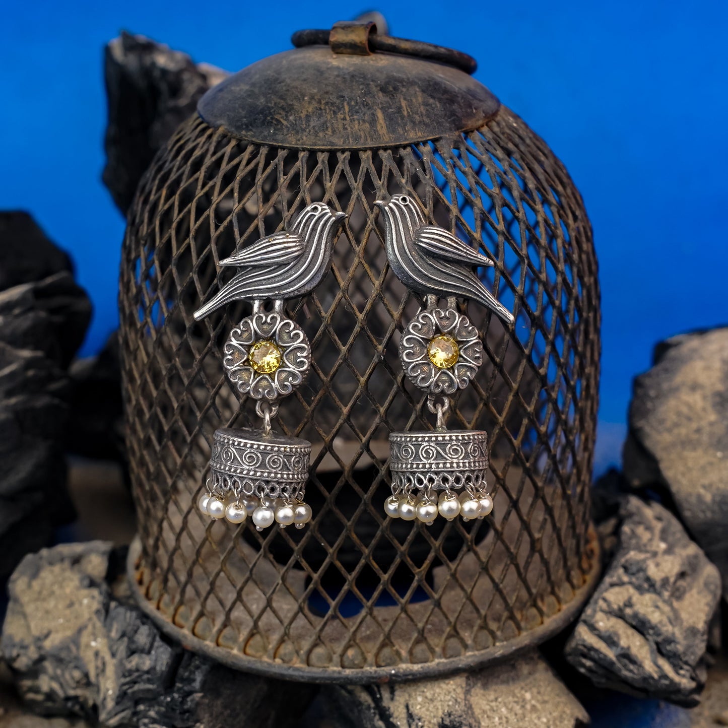 Chakori- Silver Brass Oxidised Jhumka Earrings(Yellow)