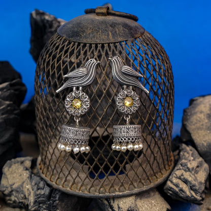 Chakori- Silver Brass Oxidised Jhumka Earrings(Yellow)