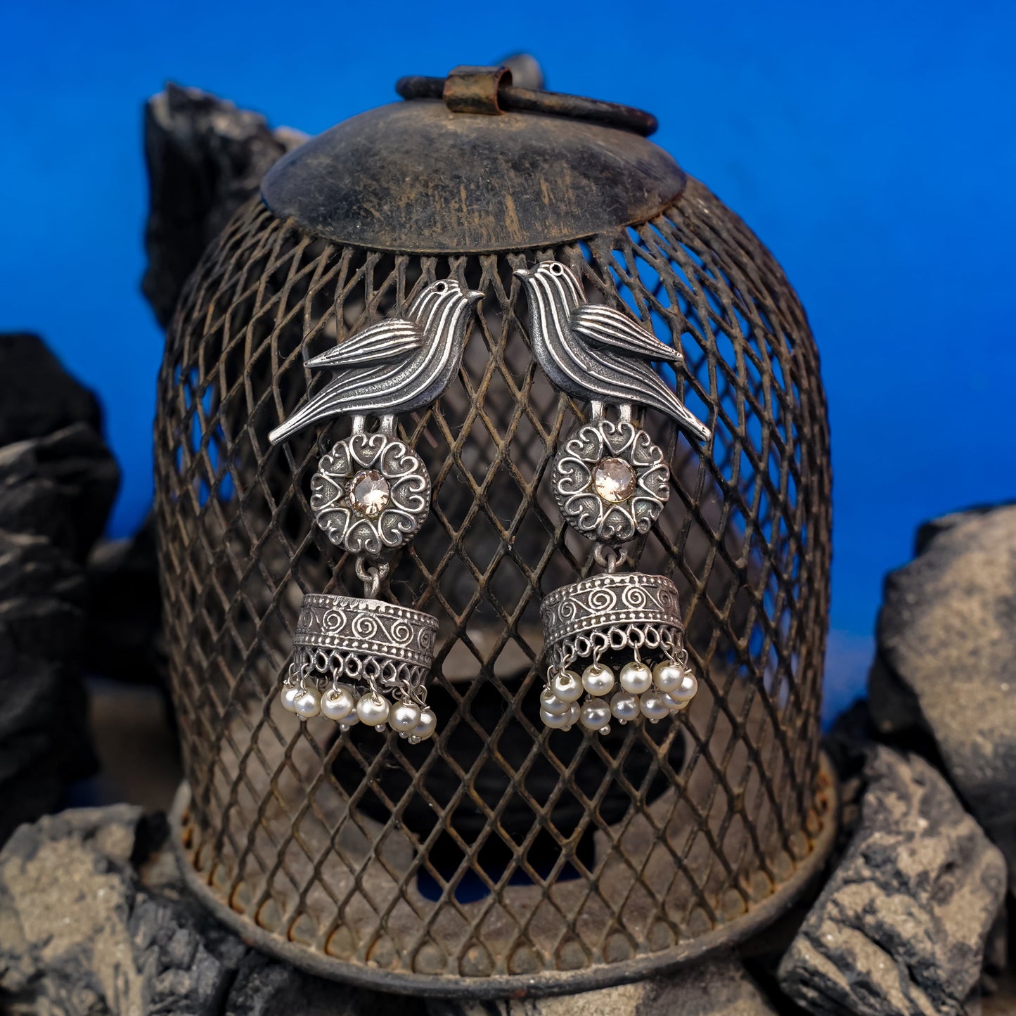 Chakori- Silver Brass Oxidised Jhumka Earrings( Aqua Blue)