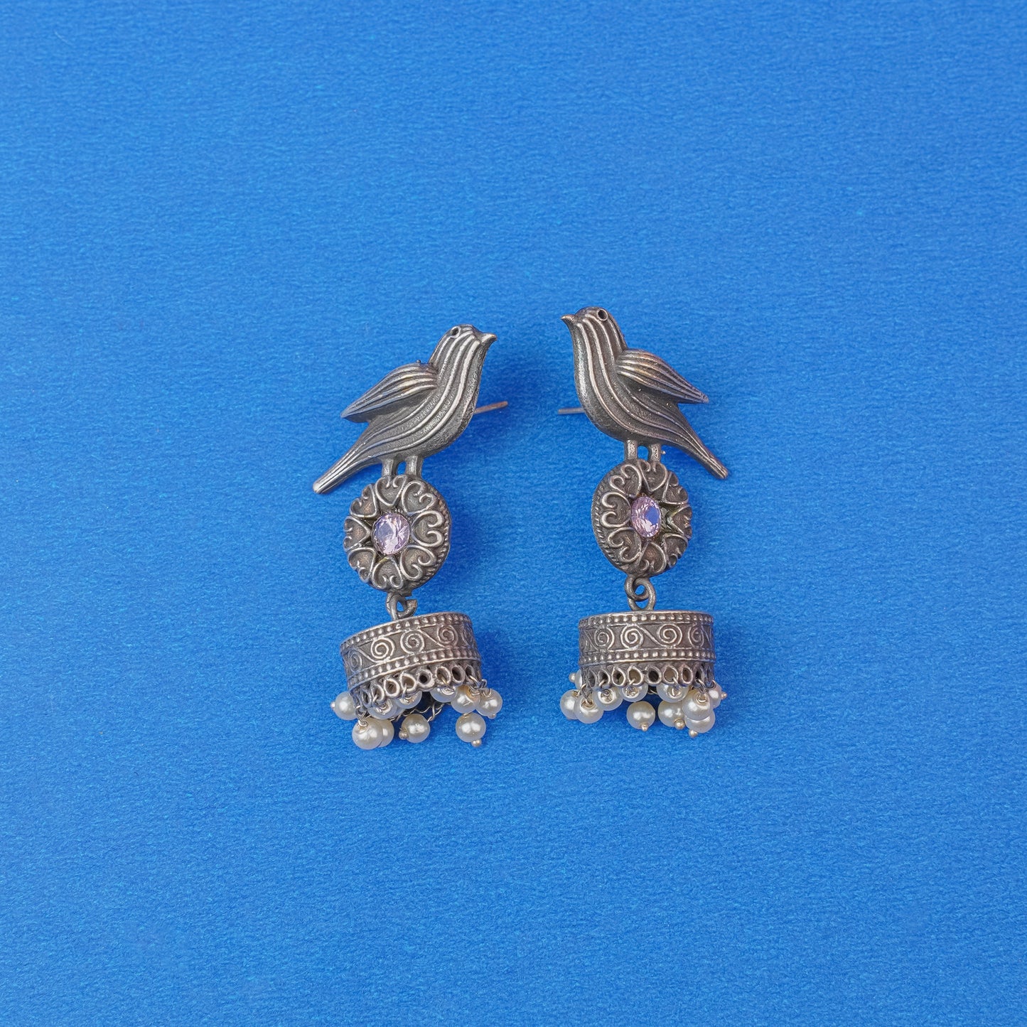 Chakori- Silver Brass Oxidised Jhumka Earrings( Aqua Blue)