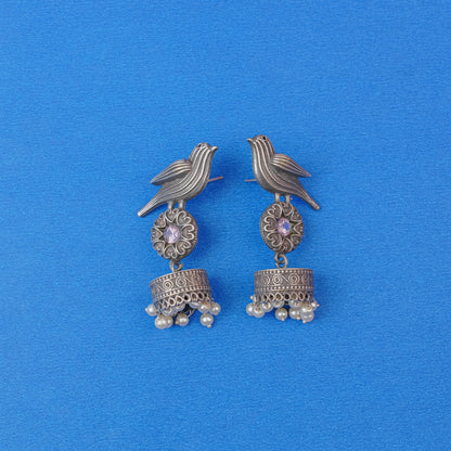 Chakori- Silver Brass Oxidised Jhumka Earrings( Aqua Blue)