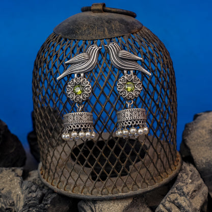 Chakori- Silver Brass Oxidised Jhumka Earrings(Parrot Green)