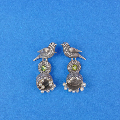Chakori- Silver Brass Oxidised Jhumka Earrings(Parrot Green)