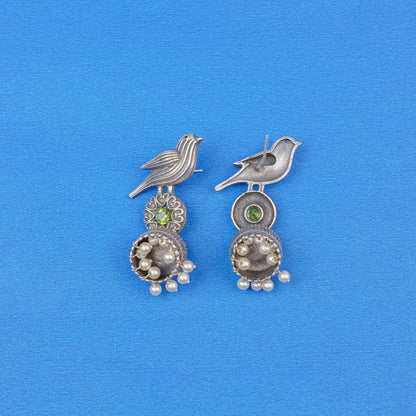 Chakori- Silver Brass Oxidised Jhumka Earrings(Parrot Green)