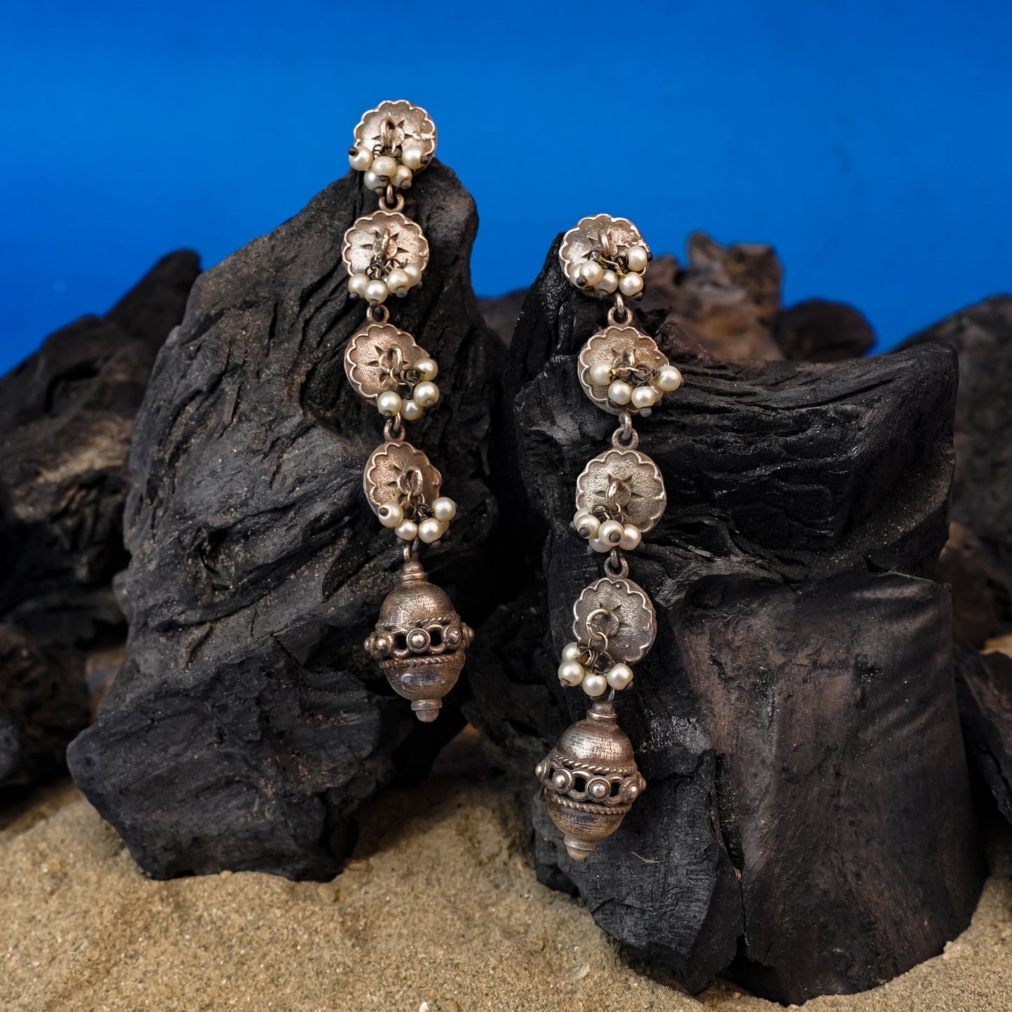 Pushprekha- Silver Brass Oxidisd dangler earrings