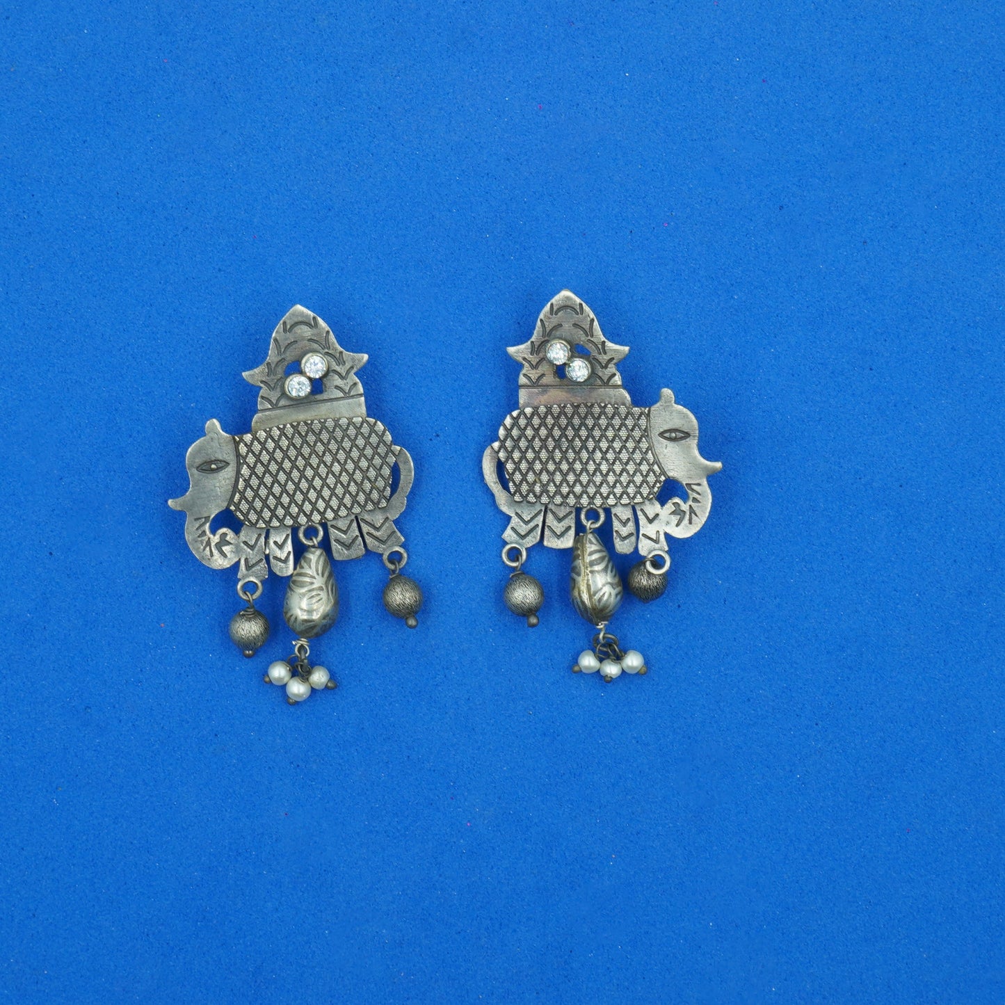 Gajmukhi- Silver Brass Pearl dangler earrings