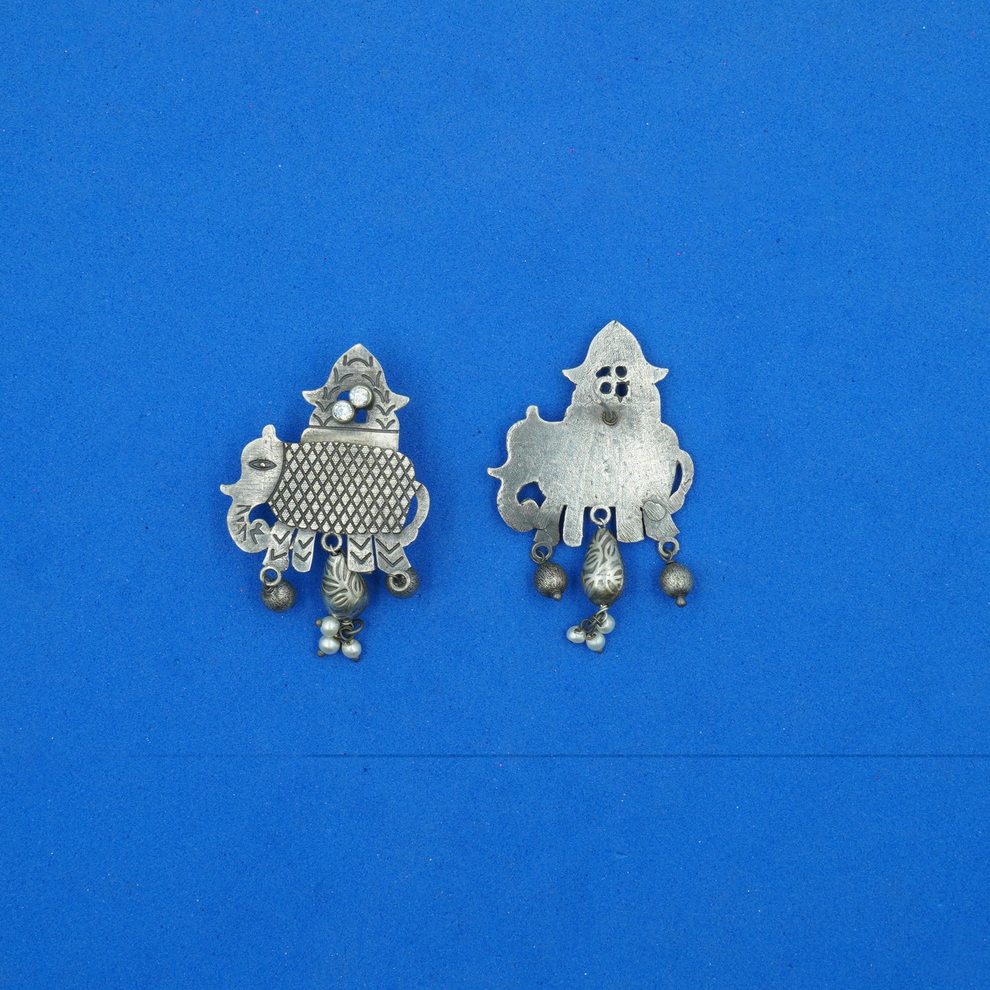 Gajmukhi- Silver Brass Pearl dangler earrings