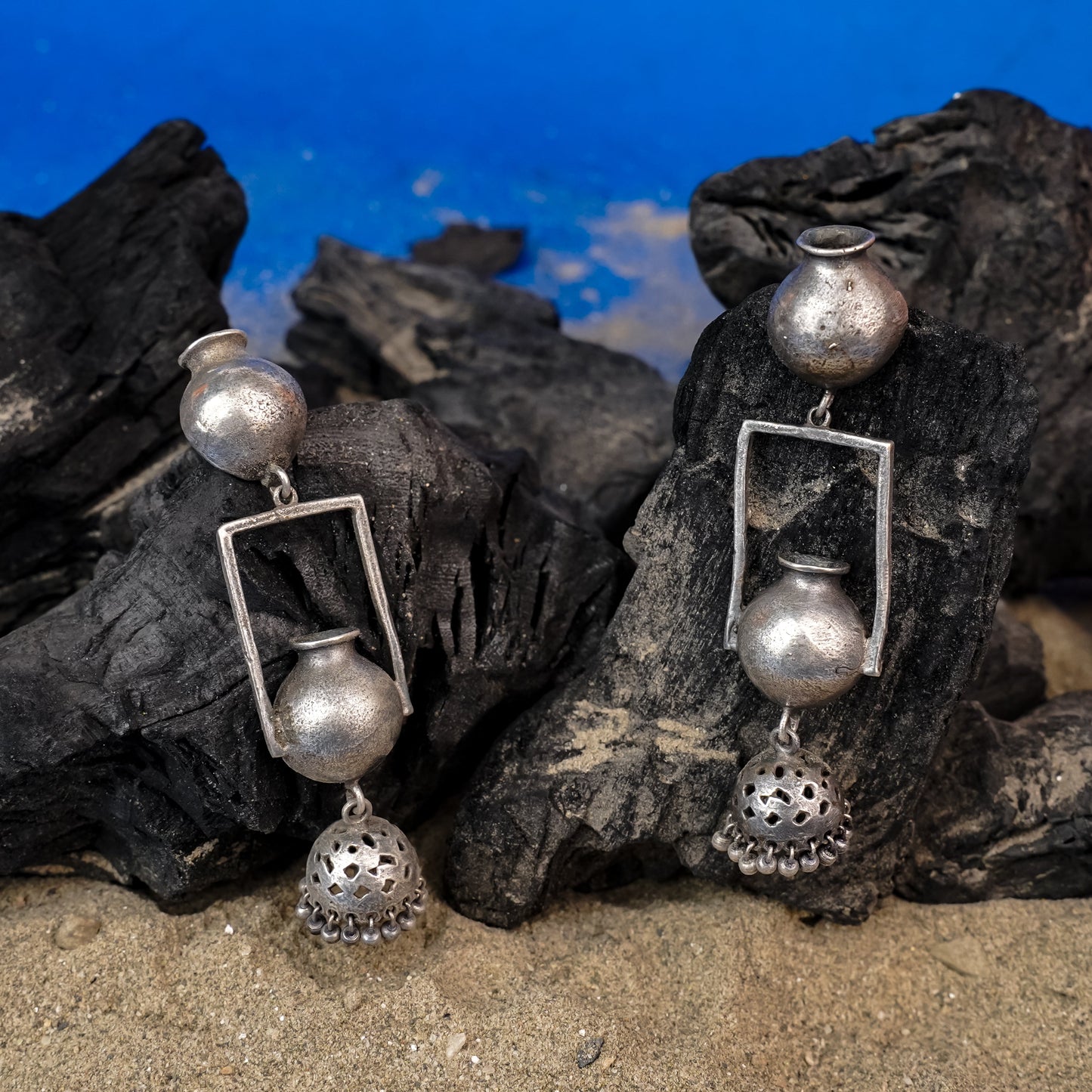 Mridghat- Silver Brass Oxidised dangler Earrings