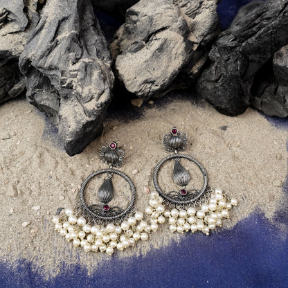 Ghoomar- Silver Brass Pearl dangler earrings(Red)