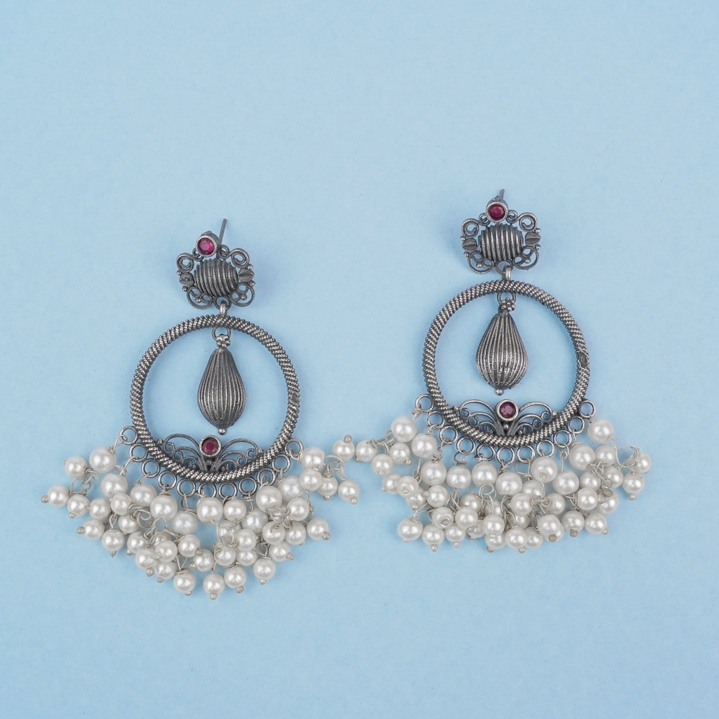 Ghoomar- Silver Brass Pearl dangler earrings(Red)