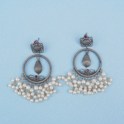 Ghoomar- Silver Brass Pearl dangler earrings(Red)