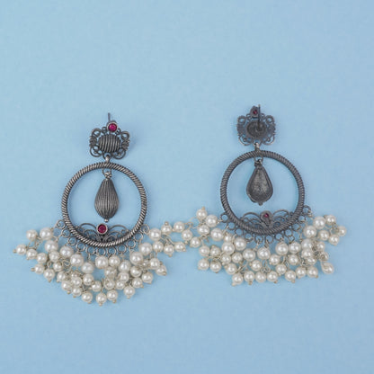 Ghoomar- Silver Brass Pearl dangler earrings(Red)