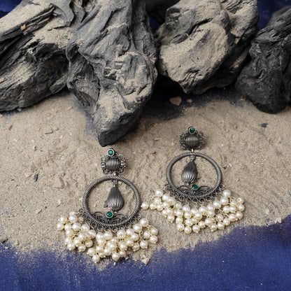 Ghoomar- Silver Brass Pearl dangler earrings(Green)