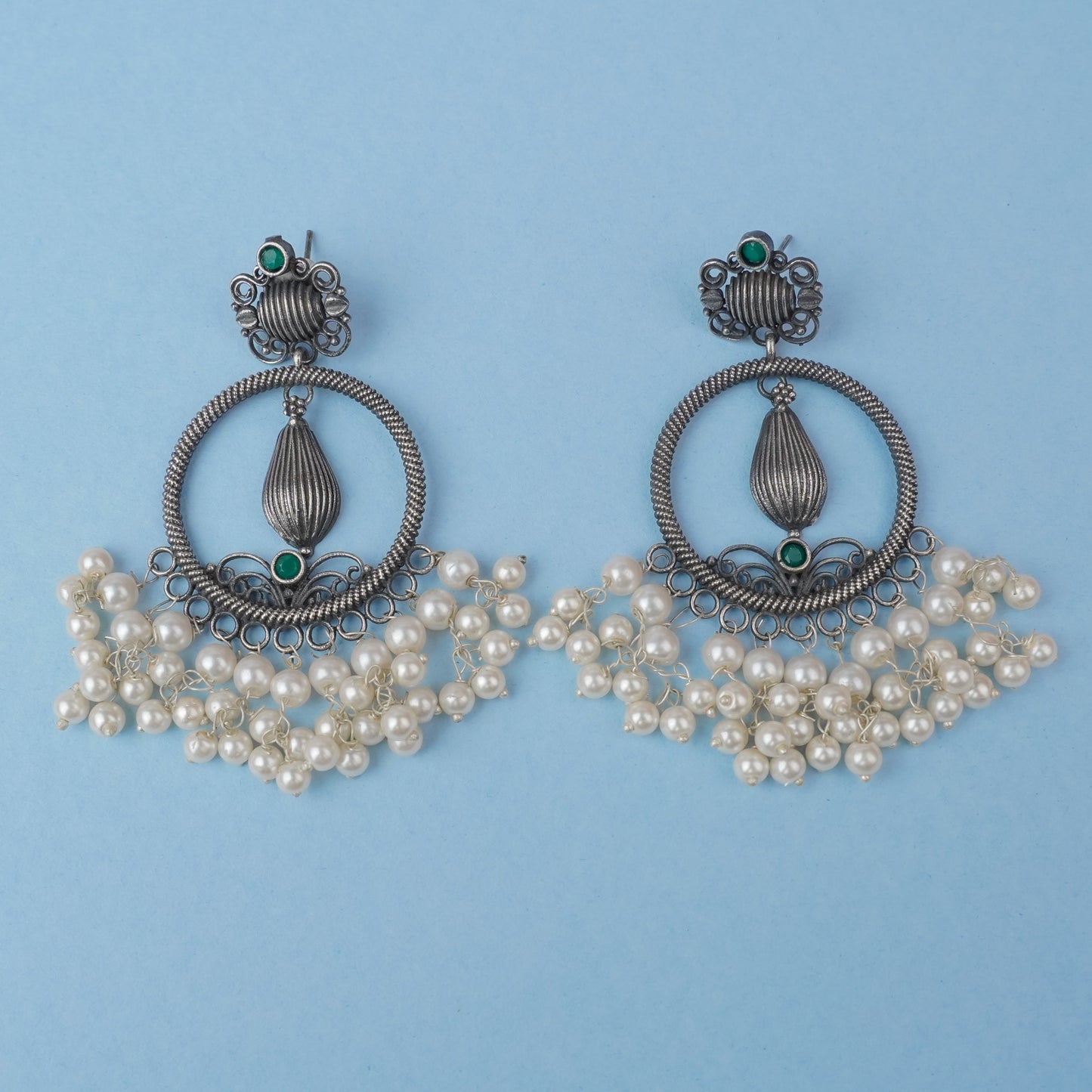 Ghoomar- Silver Brass Pearl dangler earrings(Green)