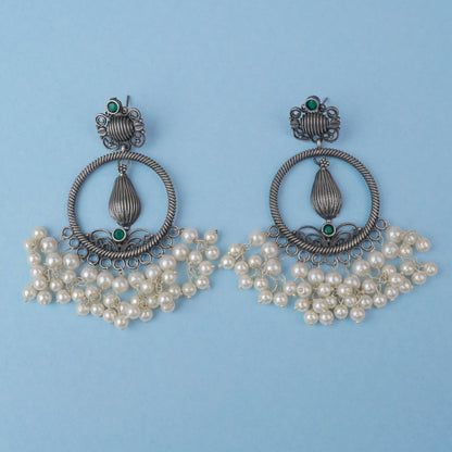 Ghoomar- Silver Brass Pearl dangler earrings(Green)