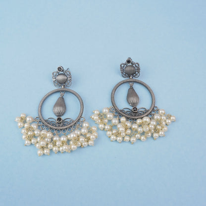 Ghoomar- Silver Brass Pearl dangler earrings(Black)