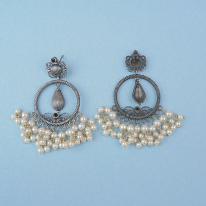 Ghoomar- Silver Brass Pearl dangler earrings(Black)
