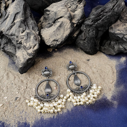 Ghoomar- Silver Brass Pearl dangler earrings(Blue)