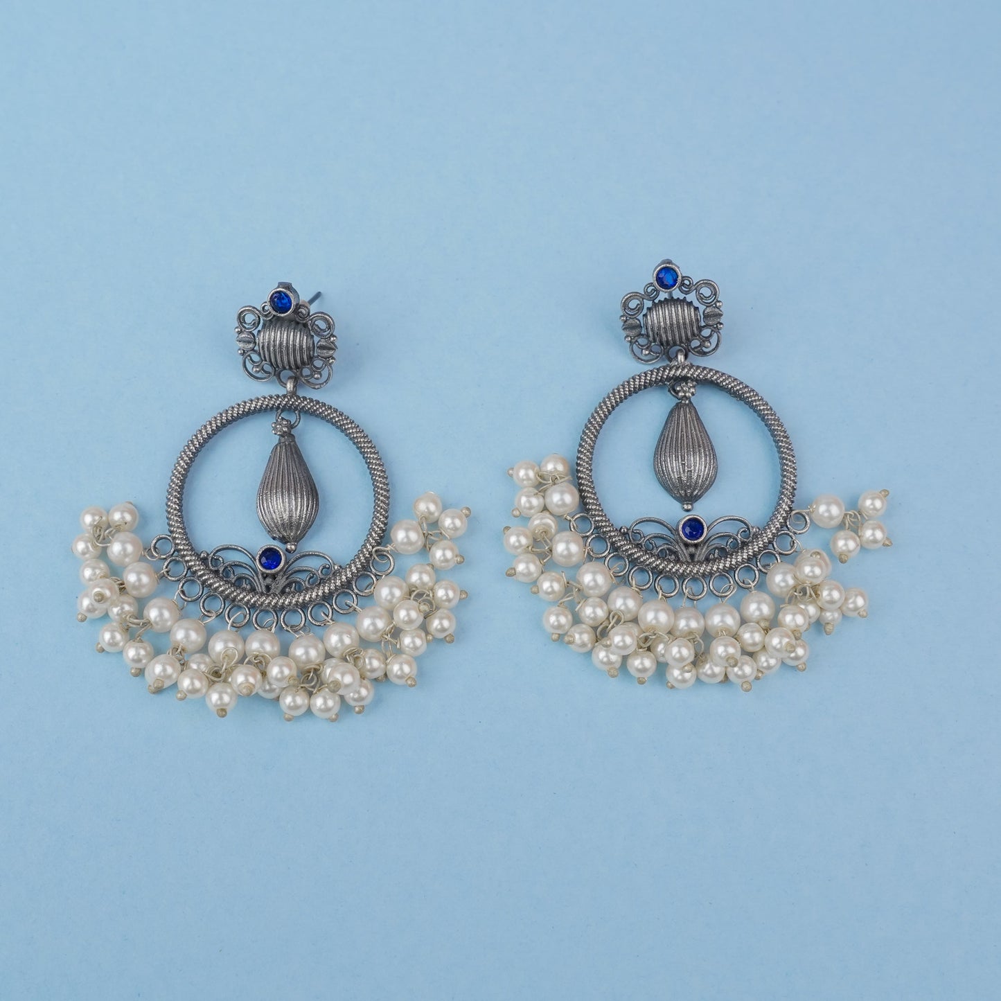 Ghoomar- Silver Brass Pearl dangler earrings(Blue)