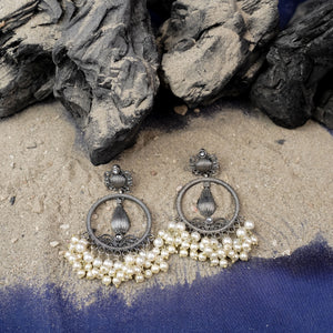 White Stone studded Brass Silver look Statement Earrings