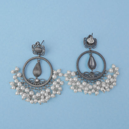 Ghoomar- Silver Brass Pearl dangler earrings(White)