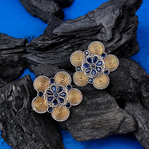 Blue Floral Brass Earrings