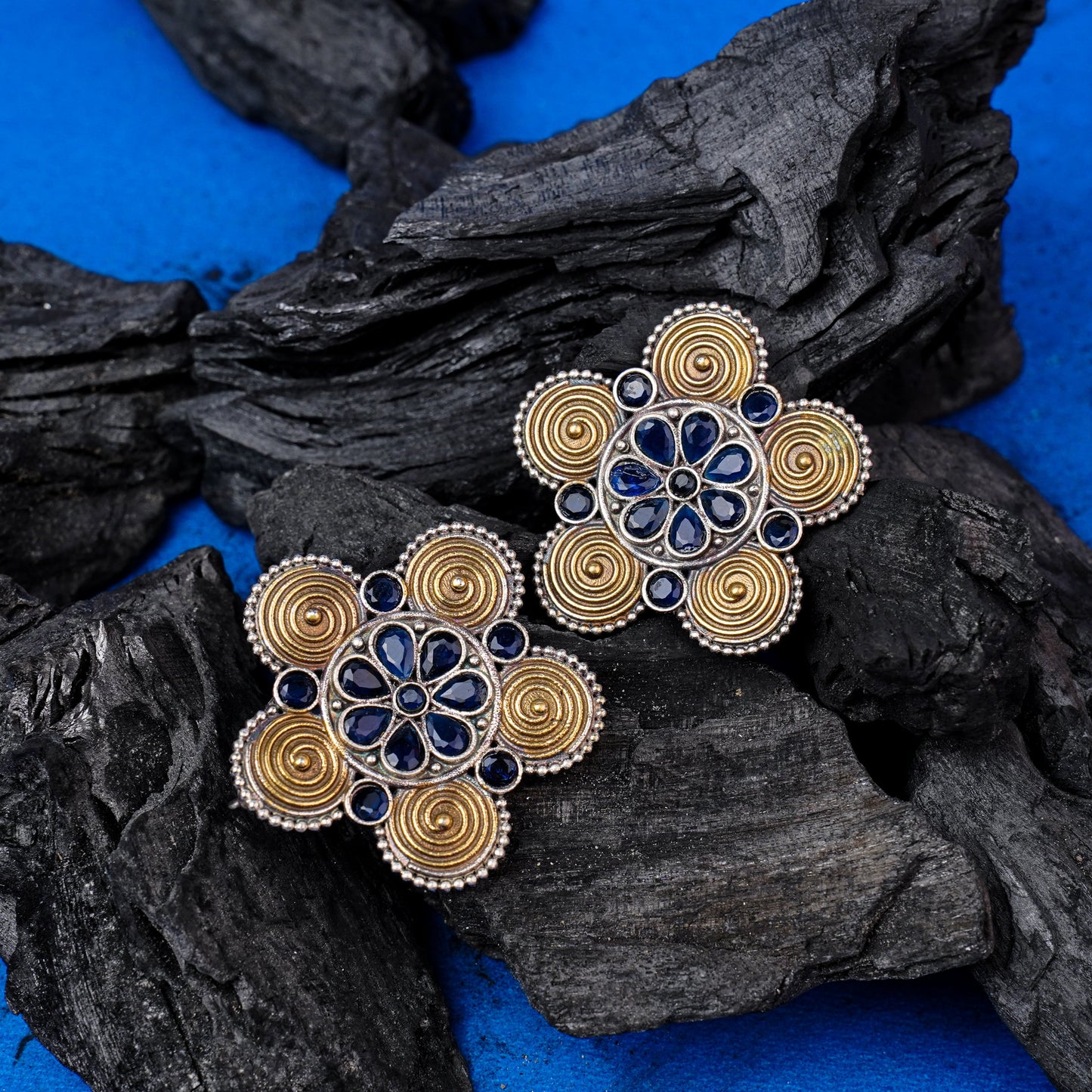 Jalkamal- Silver Brass Oxidised Stud Earrings