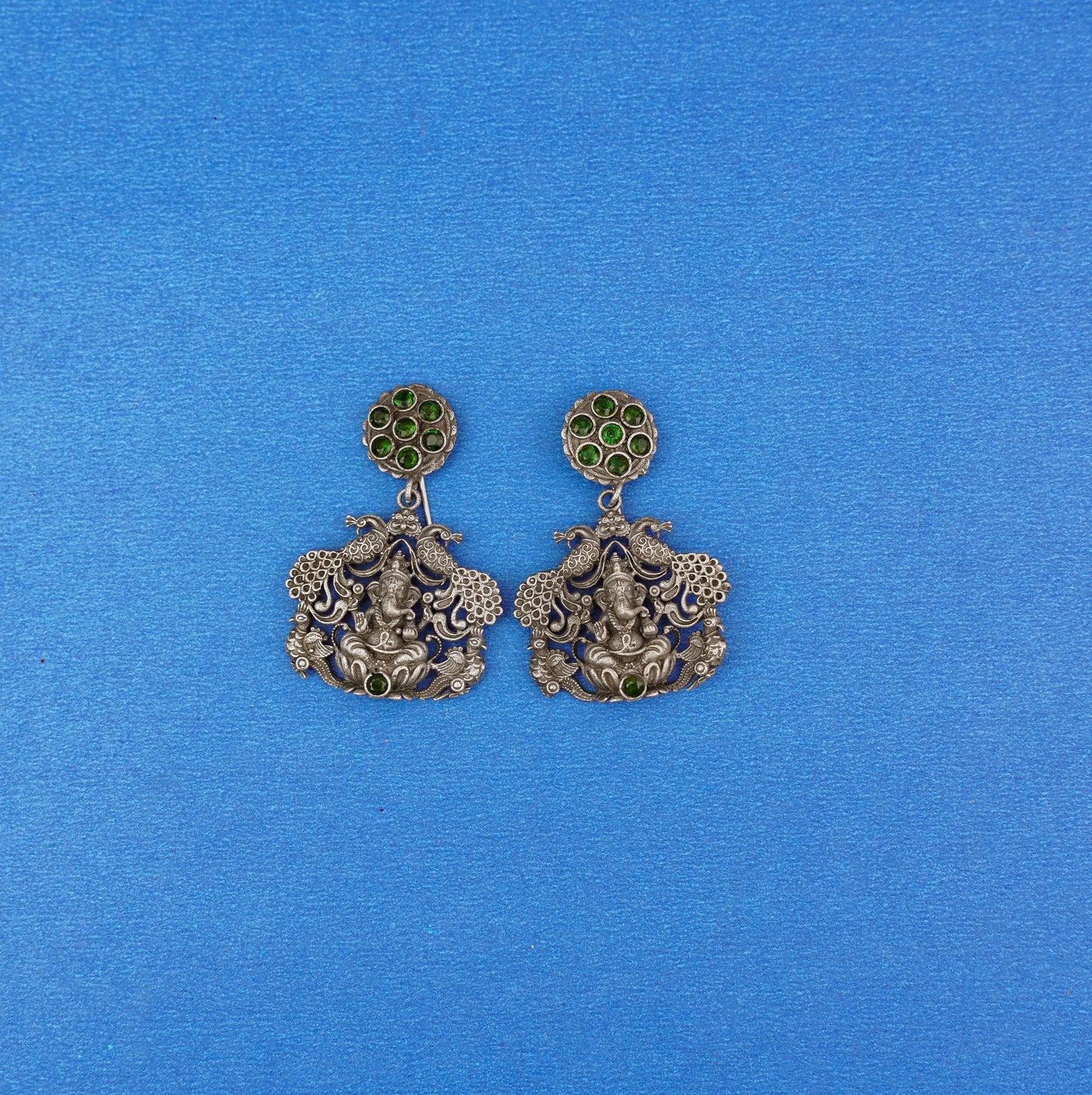Gajanana- Silver Brass Oxidised dangler earrings(Green)