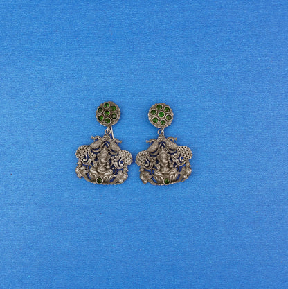 Gajanana- Silver Brass Oxidised dangler earrings(Green)