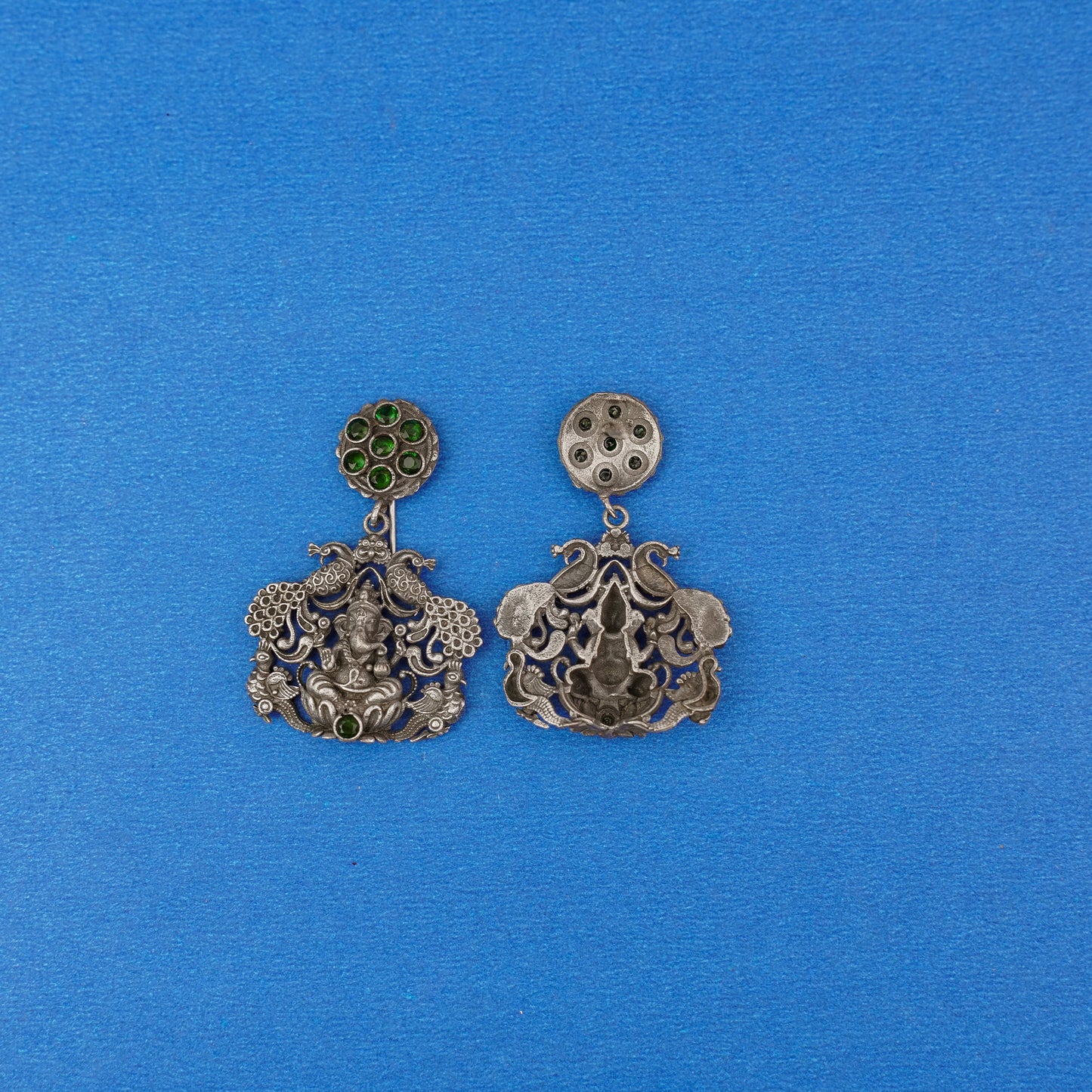 Gajanana- Silver Brass Oxidised dangler earrings(Green)