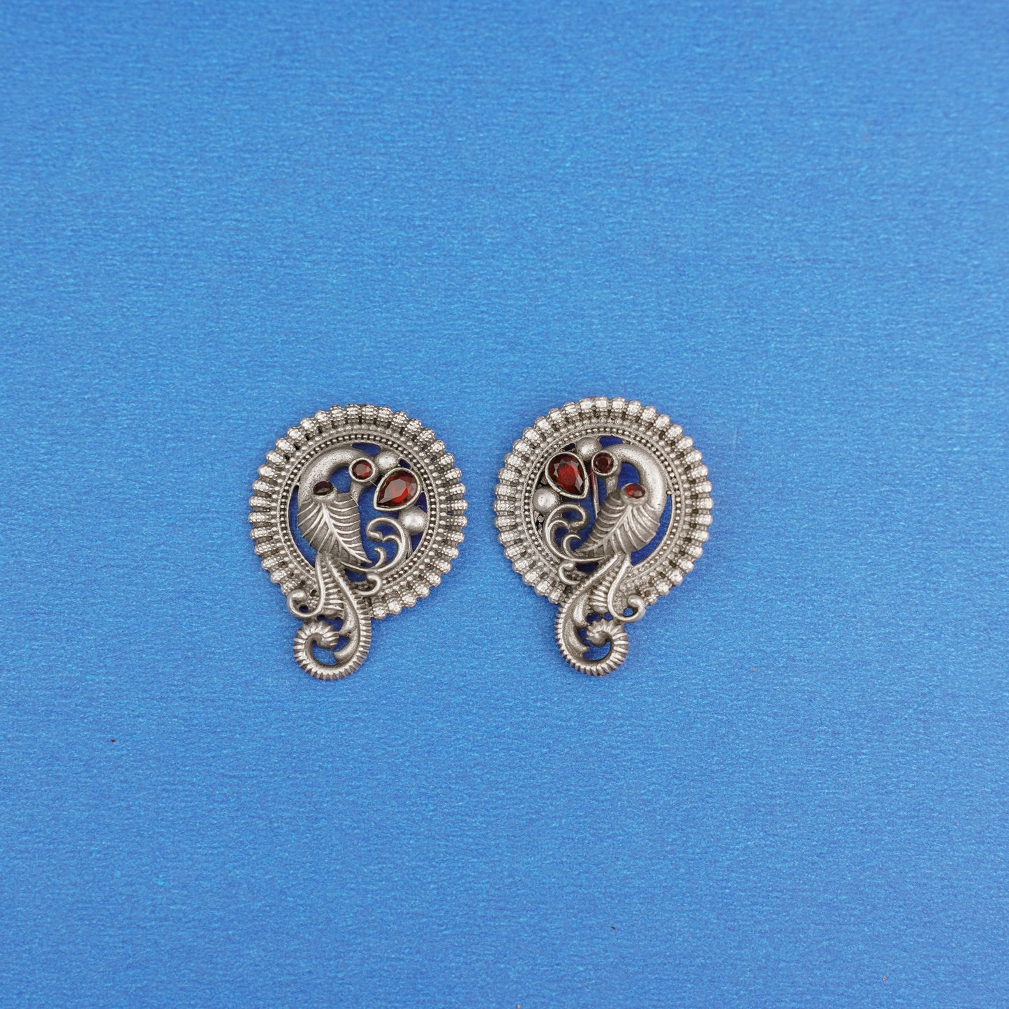 MorRatna- Silver Brass Stone-Studded Stud Earrings(Red)