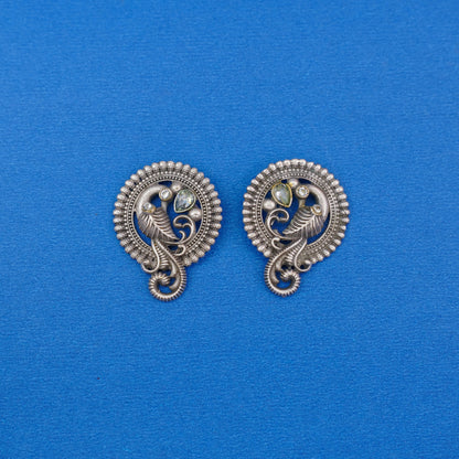 MorRatna- Silver Brass Stone-Studded Stud Earrings(White)