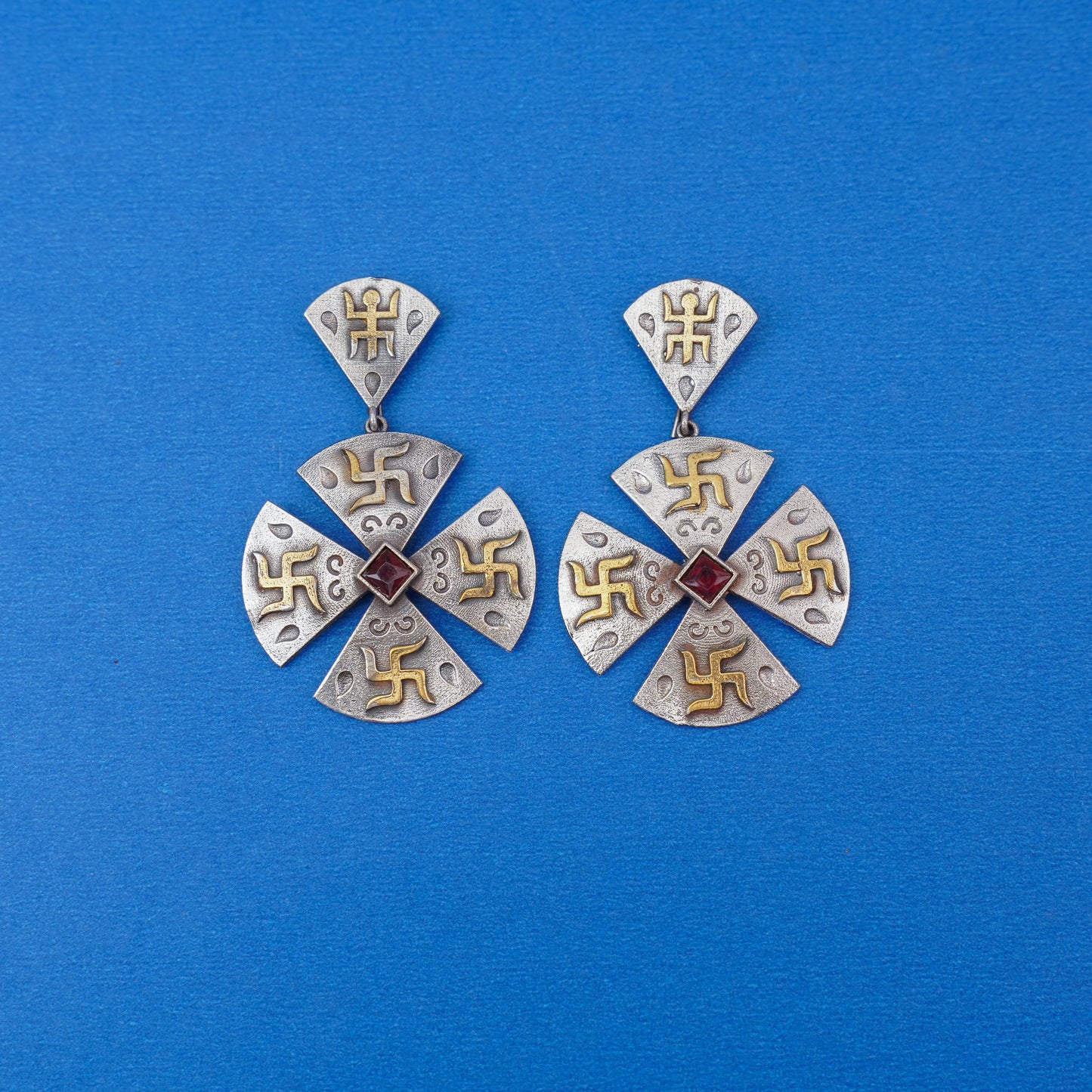 Swastik- Silver Brass Stone studded dangler earrings