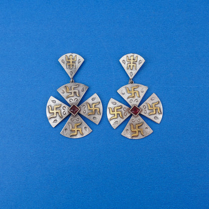 Swastik- Silver Brass Stone studded dangler earrings
